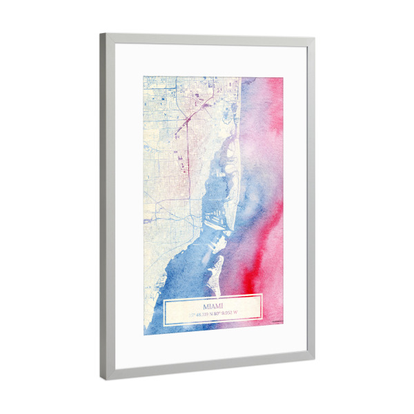 Poster mit Rahmen Silber "Miami USA Map Rose And Serenity I" artboxONE - Städte,Reise,Kartografie - Städte,Stadtkarte,Wasserfarbe,Rosequartz