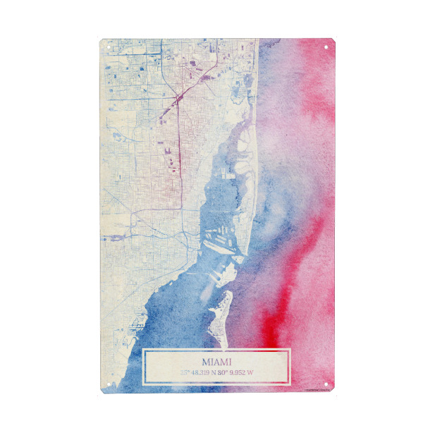 Metall Poster "Miami USA Map Rose And Serenity I" artboxONE - Städte,Reise,Kartografie - Städte,Stadtkarte,Wasserfarbe,Rosequartz - Blechschild