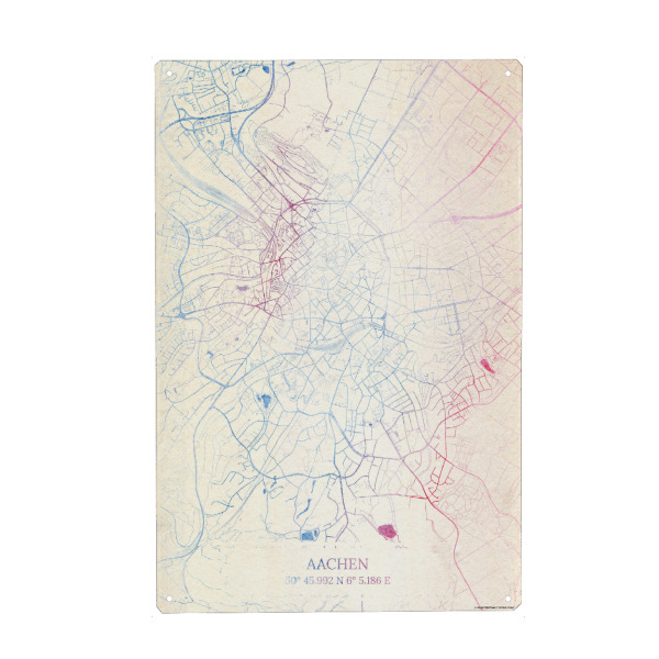 Metall Poster "Aachen Deutschland Map Rose And Serenity I" artboxONE - Städte,Reise,Kartografie - Städting,Stadtkarte,Wasserfarbe,Rosequartz