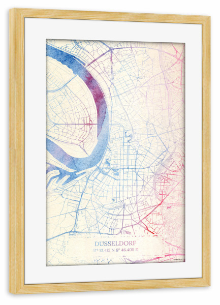 Poster mit Rahmen kiefer "Düsseldorf Deutschland Map Rose And Serenity I" artboxONE - Städte,Reise,Kartografie