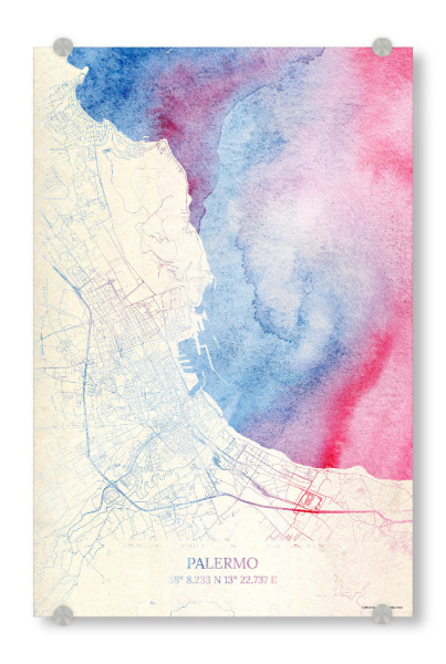 Acrylglasbild "Palermo Italien Map Rose And Serenity I" artboxONE - Städte,Reise,Kartografie - Städte,Stadtkarte,Wasserfarbe,Rosequartz