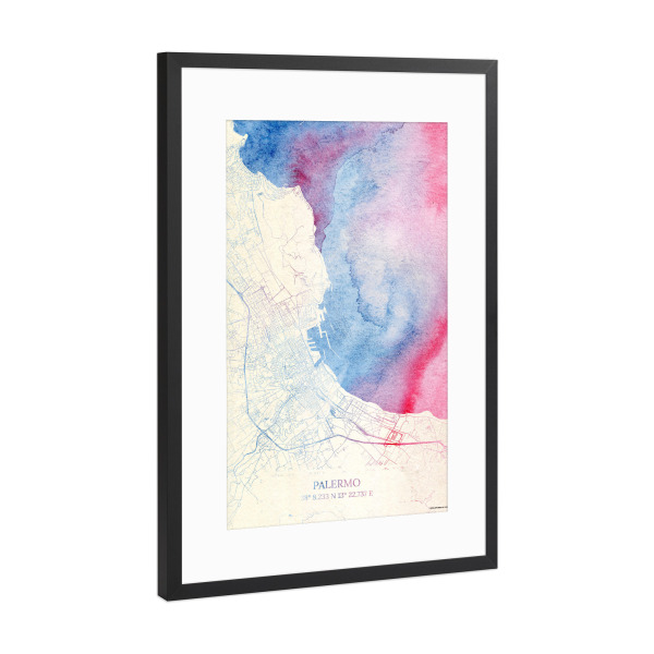 Poster mit Rahmen Schwarz (Metallic) "Palermo Italien Map Rose And Serenity I" artboxONE - Städte,Reise,Kartografie