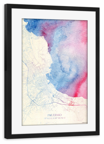 Poster mit Rahmen schwarz "Palermo Italien Map Rose And Serenity I" artboxONE - Städte,Reise,Kartografie - Städte,Stadtkarte,Wasserfarbe,Rosequartz