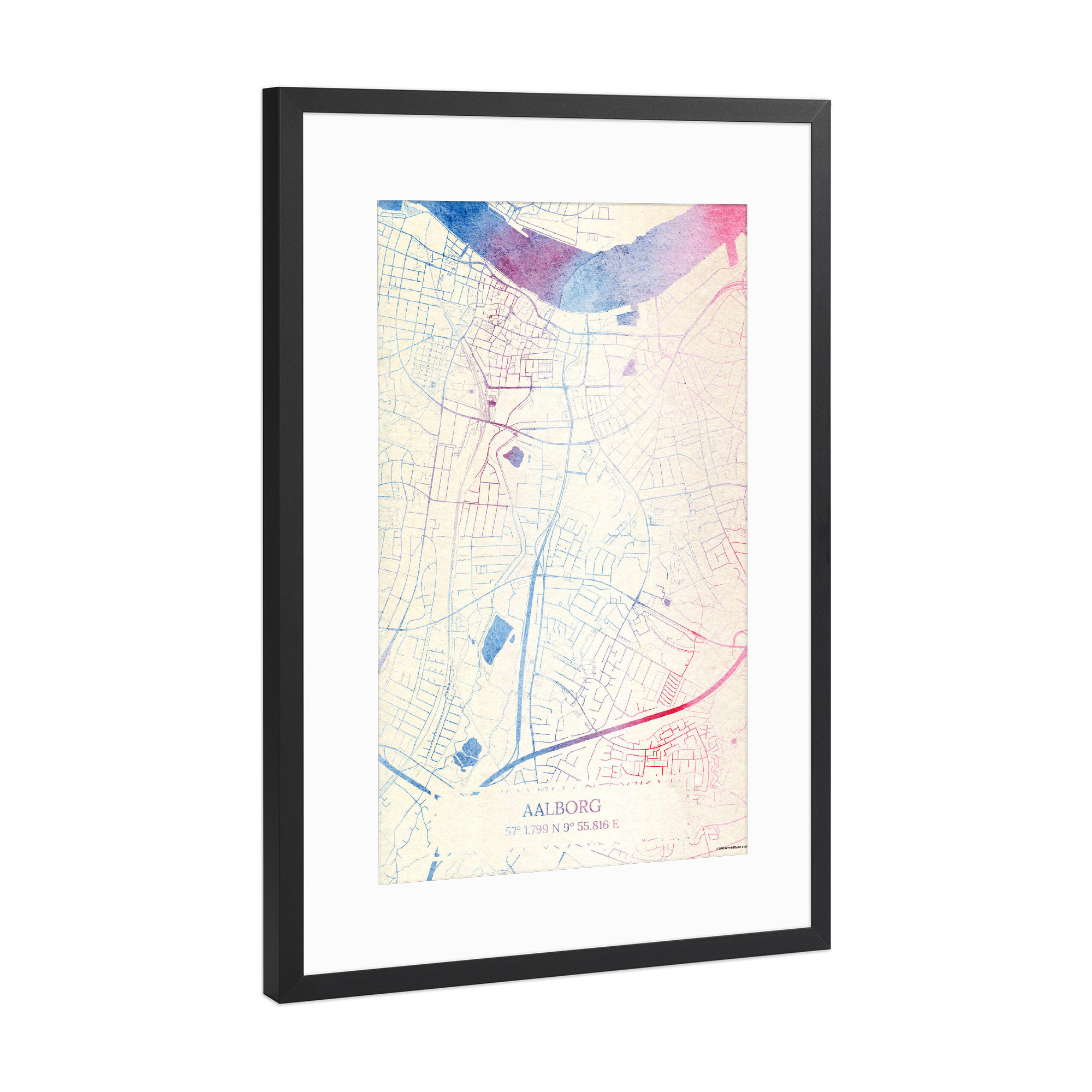 Poster mit Rahmen Schwarz (Metallic) "Aalborg Dänemark Map Rose And Serenity II" artboxONE - Städte,Reise,Kartografie