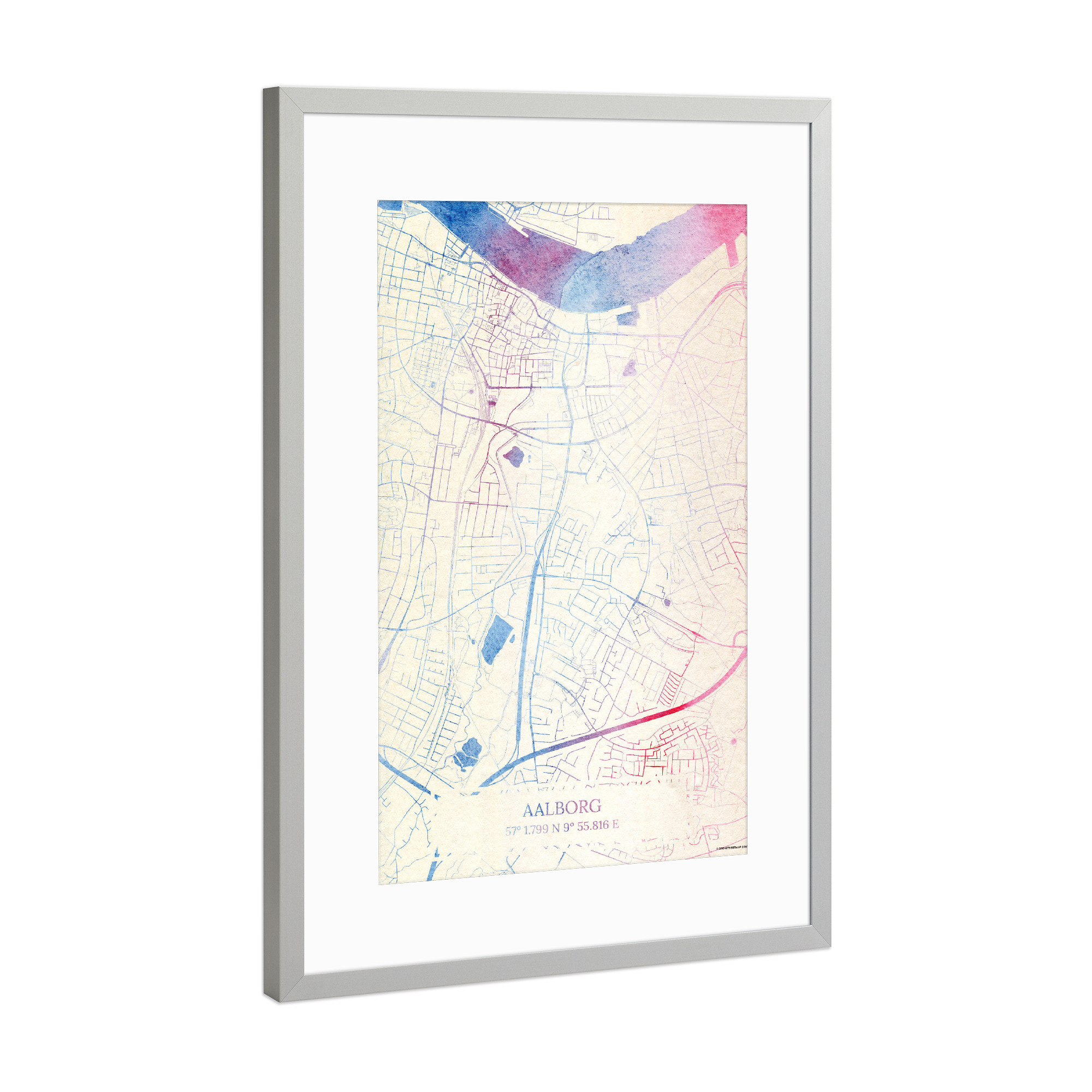 Poster mit Rahmen Silber "Aalborg Dänemark Map Rose And Serenity II" artboxONE - Städte,Reise,Kartografie - Städte,Stadtkarte,Wasserfarbe,Rosequartz
