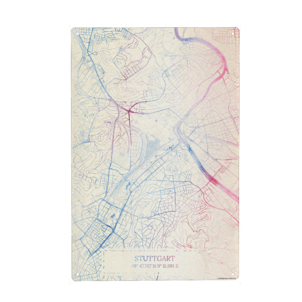 Holzbild "Stuttgart Deutschland Map Rose And Serenity I" artboxONE - Städte,Reise,Kartografie - Städting,Stadtkarte,Wasserfarbe,Rosequartz