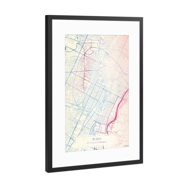 Poster mit Rahmen Schwarz (Metallic) "Turin Italien Map Rose And Serenity II" artboxONE - Städte,Reise,Kartografie