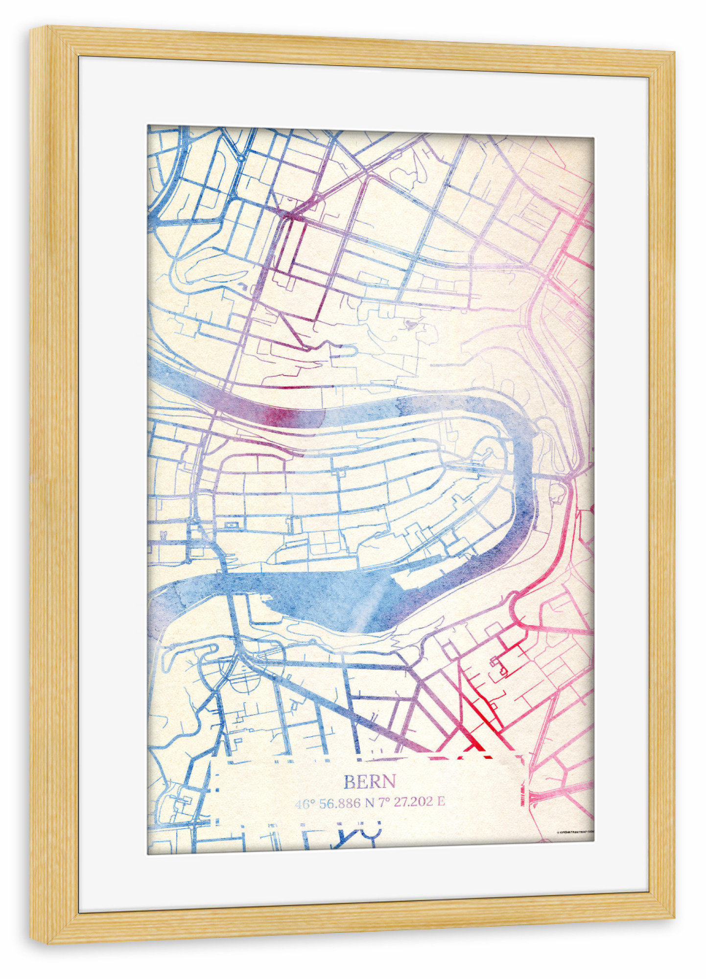 Poster mit Rahmen kiefer "Bern Schweiz Map Rose And Serenity II" artboxONE - Städte,Reise,Kartografie - Städting,Stadtkarte,Wasserfarbe,Rosequartz