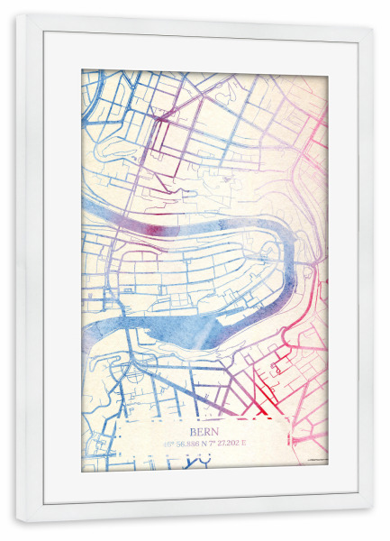 Poster mit Rahmen weiß "Bern Schweiz Map Rose And Serenity II" artboxONE - Städte,Reise,Kartografie - Städting,Stadtkarte,Wasserfarbe,Rosequartz