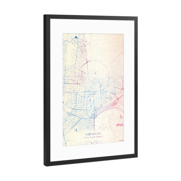 Poster mit Rahmen Schwarz (Metallic) "Karlsruhe Deutschland Map Rose And Serenity I" artboxONE - Städte,Reise,Kartografie