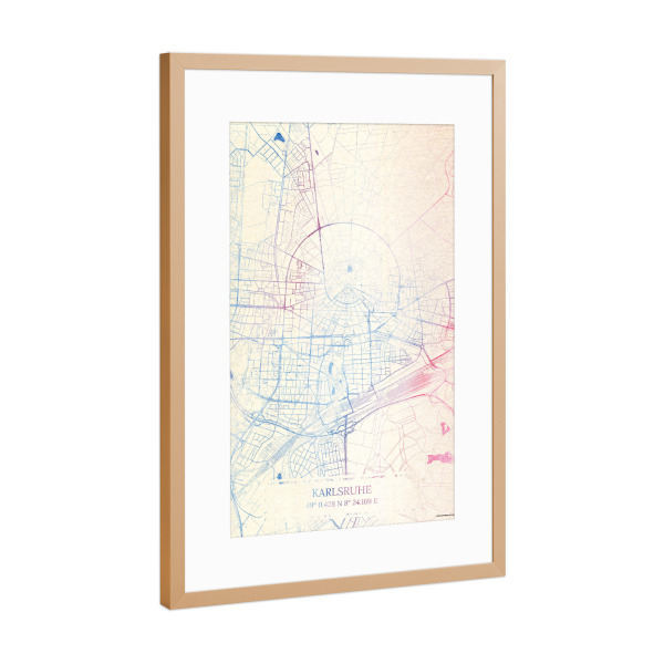 Poster mit Rahmen Kupfer "Karlsruhe Deutschland Map Rose And Serenity I" artboxONE - Städte,Reise,Kartografie