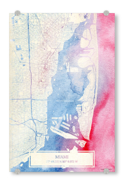 Acrylglasbild "Miami USA Map Rose And Serenity II" artboxONE - Städte,Reise,Kartografie - Städting,Stadtkarte,Wasserfarbe,Rosequartz