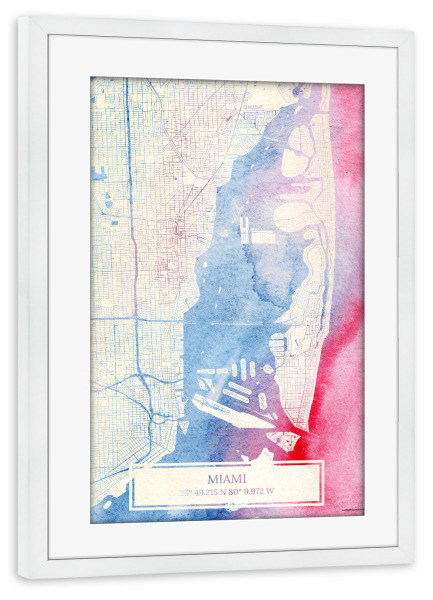 Poster mit Rahmen weiß "Miami USA Map Rose And Serenity II" artboxONE - Städte,Reise,Kartografie - Städting,Stadtkarte,Wasserfarbe,Rosequartz