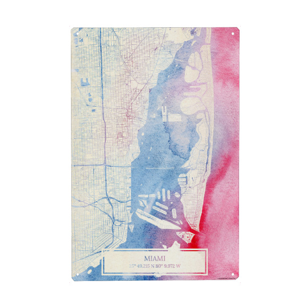 Holzbild "Miami USA Map Rose And Serenity II" artboxONE - Städte,Reise,Kartografie - Städting,Stadtkarte,Wasserfarbe,Rosequartz