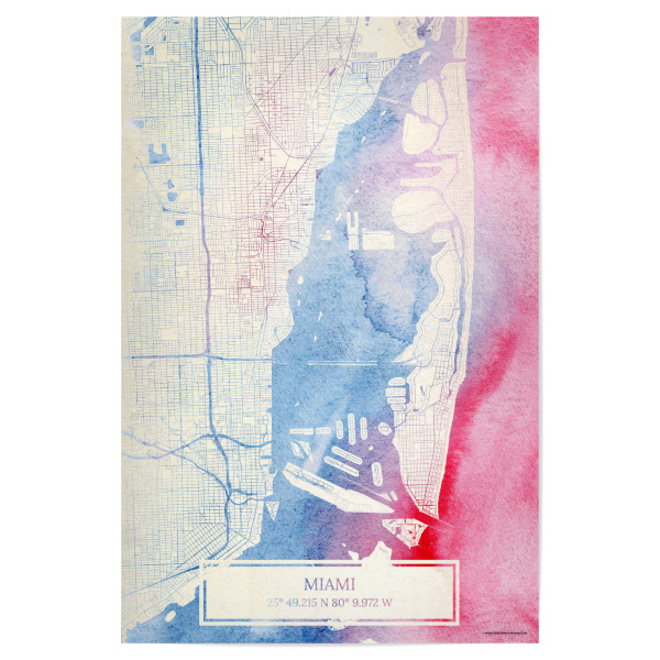 Poster 30x20 cm "Miami USA Map Rose And Serenity II" artboxONE - Städte,Reise,Kartografie - Städting,Stadtkarte,Wasserfarbe,Rosequartz