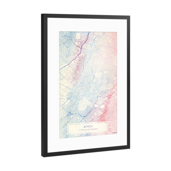 Poster mit Rahmen Schwarz (Metallic) "Athen Griechenland Map Rose And Serenity I" artboxONE - Städte,Reise,Kartografie