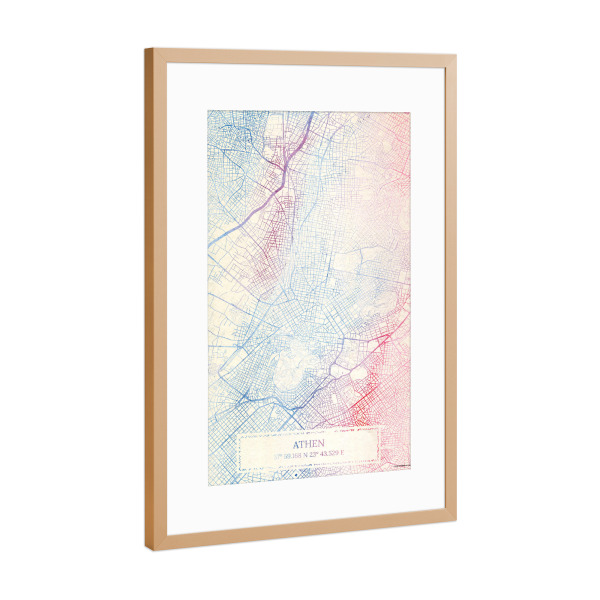 Poster mit Rahmen Kupfer "Athen Griechenland Map Rose And Serenity I" artboxONE - Städte,Reise,Kartografie - Städte,Stadtkarte,Wasserfarbe,Rosequartz