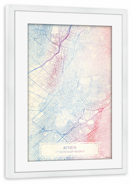 Poster mit Rahmen weiß "Athen Griechenland Map Rose And Serenity I" artboxONE - Städte,Reise,Kartografie - Städte,Stadtkarte,Wasserfarbe,Rosequartz