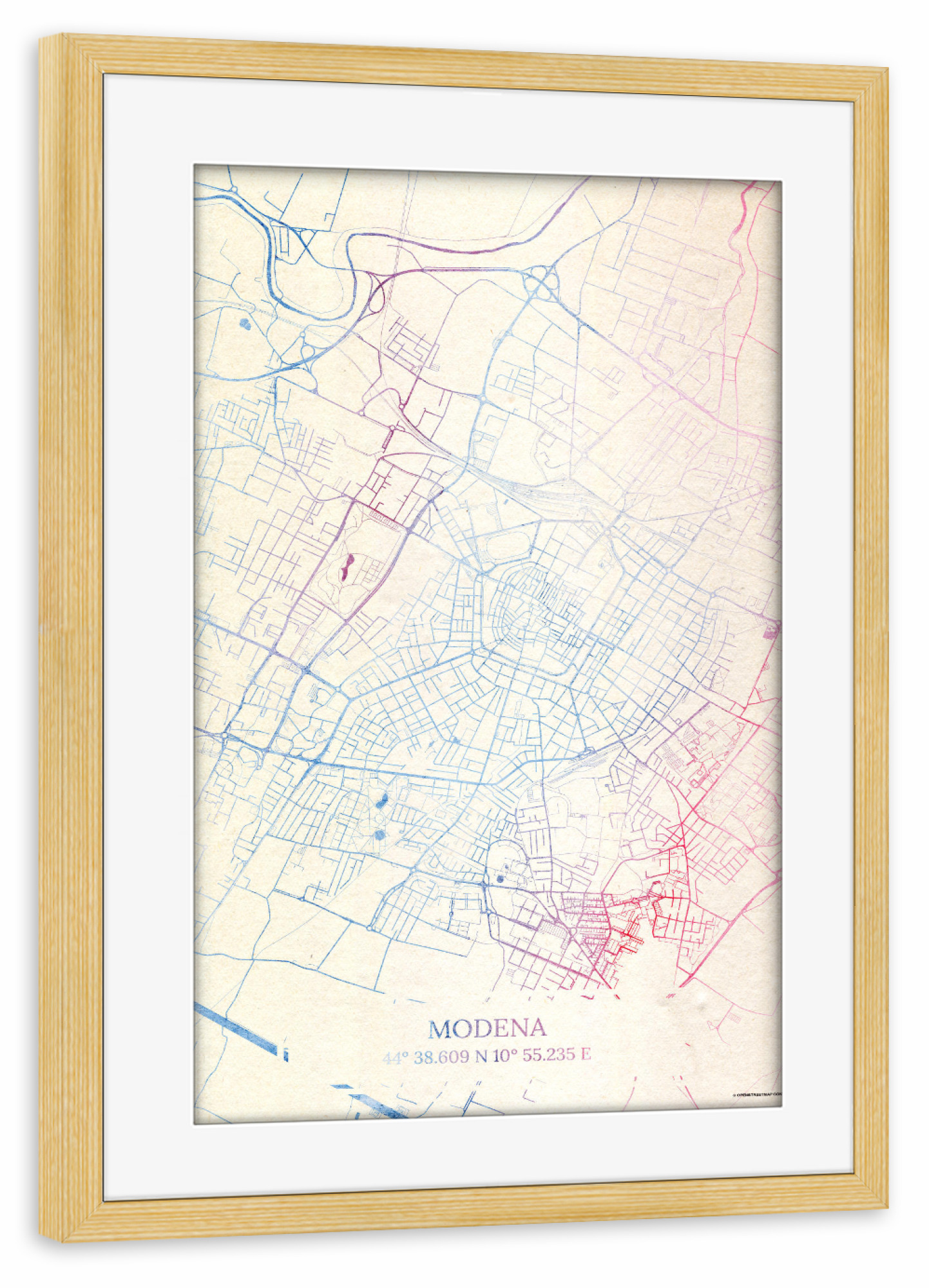 Poster mit Rahmen kiefer "Modena Italien Map Rose And Serenity I" artboxONE - Städte,Reise,Kartografie - Städte,Stadtkarte,Wasserfarbe,Rosequartz
