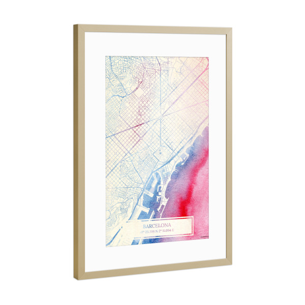 Poster mit Rahmen Gold "Barcelona Spanien Map Rose And Serenity II" artboxONE - Städte,Reise,Kartografie - Städte,Stadtkarte,Wasserfarbe,Rosequartz