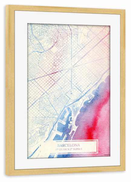 Poster mit Rahmen kiefer "Barcelona Spanien Map Rose And Serenity II" artboxONE - Städte,Reise,Kartografie - Städte,Stadtkarte,Wasserfarbe,Rosequartz