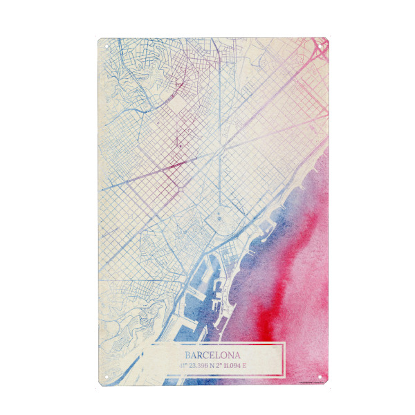 Holzbild "Barcelona Spanien Map Rose And Serenity II" artboxONE - Städte,Reise,Kartografie - Städte,Stadtkarte,Wasserfarbe,Rosequartz