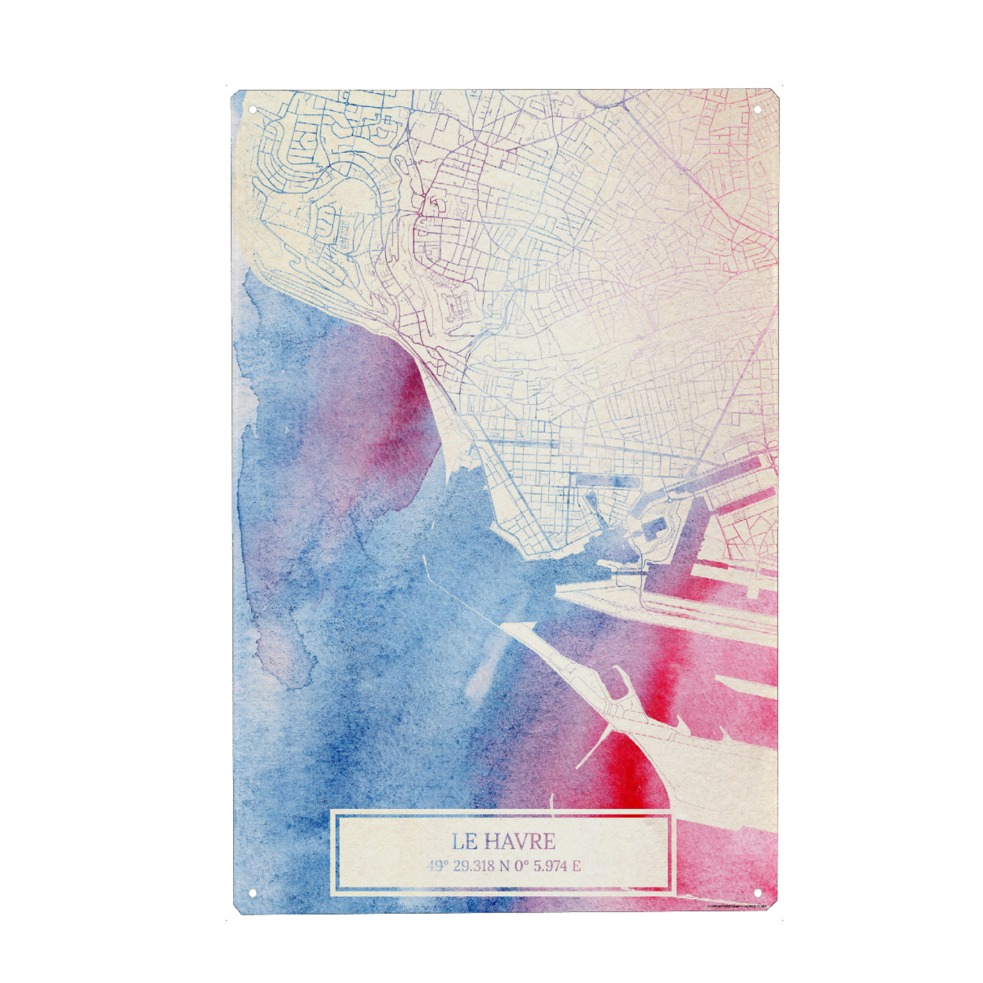 Holzbild "Le-Havre Frankreich Map Rose And Serenity II" artboxONE - Städte,Reise,Kartografie - Städte,Stadtkarte,Wasserfarbe,Rosequartz