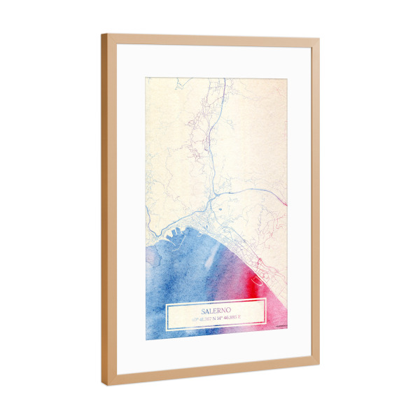Poster mit Rahmen Kupfer "Salerno Italien Map Rose And Serenity II" artboxONE - Städte,Reise,Kartografie - Städte,Stadtkarte,Wasserfarbe,Rosequartz