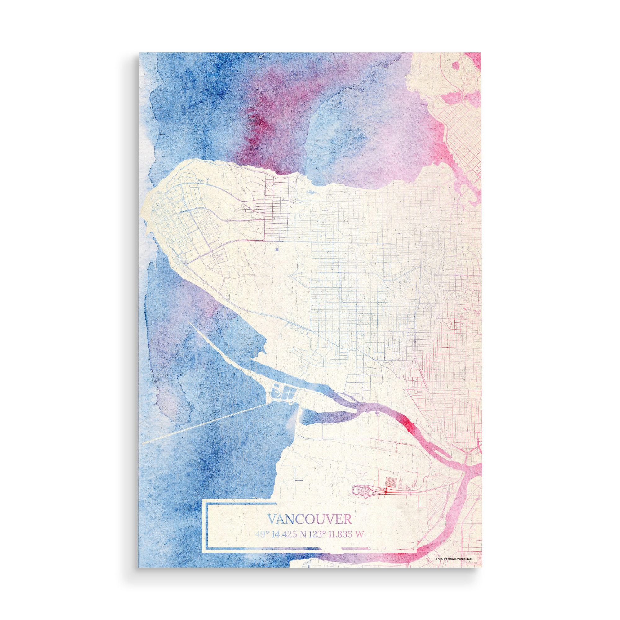 Holzbild "Vancouver Kanada Map Rose And Serenity II" artboxONE - Städte,Reise,Kartografie - Städte,Stadtkarte,Wasserfarbe,Rosequartz