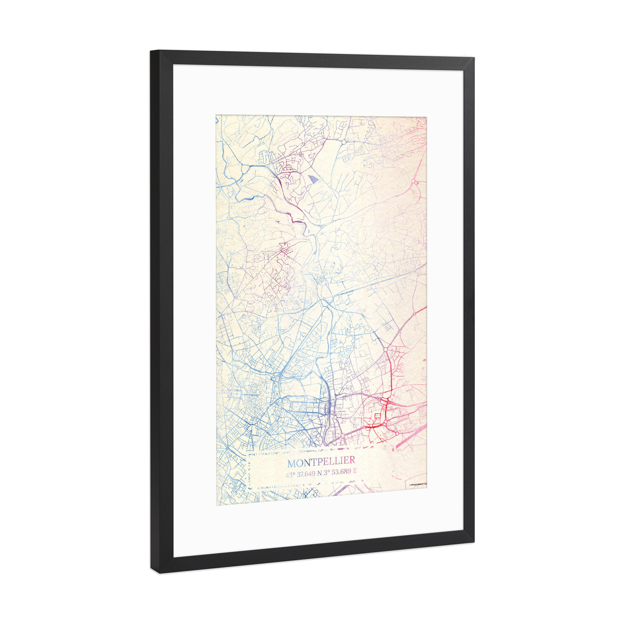 Poster mit Rahmen Schwarz (Metallic) "Montpellier Frankreich Map Rose And Serenity I" artboxONE - Städte,Reise,Kartografie