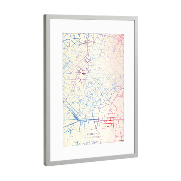 Poster mit Rahmen Silber "Mailand Italien Map Rose And Serenity II" artboxONE - Städte,Reise,Kartografie - Städte,Stadtkarte,Wasserfarbe,Rosequartz