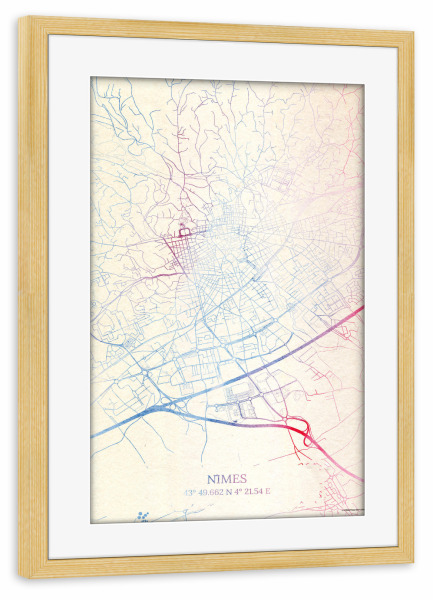 Poster mit Rahmen kiefer "Nîmes Frankreich Map Rose And Serenity I" artboxONE - Städte,Reise,Kartografie - Städte,Stadtkarte,Wasserfarbe,Rosequartz