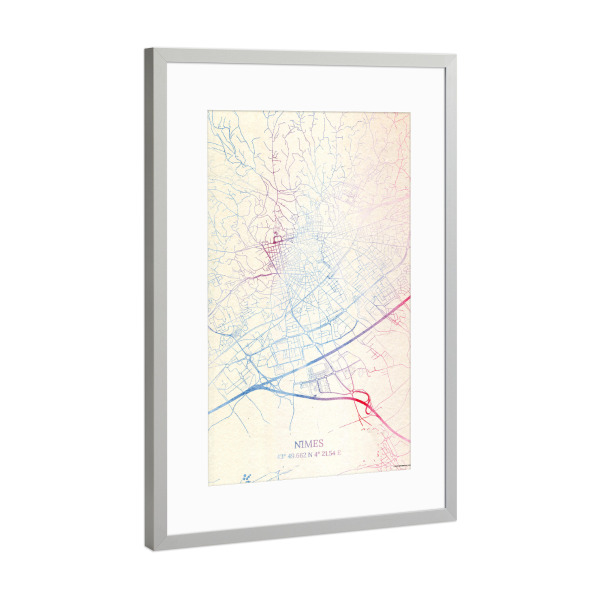 Poster mit Rahmen Silber "Nîmes Frankreich Map Rose And Serenity I" artboxONE - Städte,Reise,Kartografie - Städte,Stadtkarte,Wasserfarbe,Rosequartz