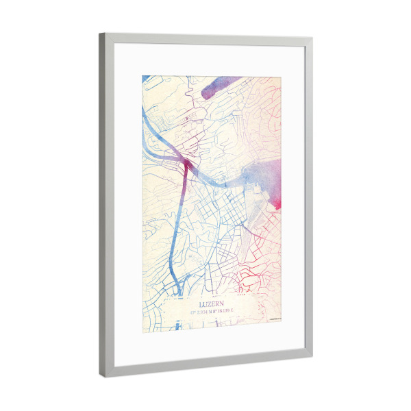 Poster mit Rahmen Silber "Luzern Schweiz Map Rose And Serenity I" artboxONE - Städte,Reise,Kartografie - Städting,Stadtkarte,Wasserfarbe,Rosequartz
