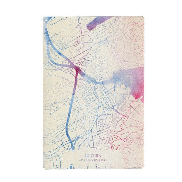 Metall Poster "Luzern Schweiz Map Rose And Serenity I" artboxONE - Städte,Reise,Kartografie - Städting,Stadtkarte,Wasserfarbe,Rosequartz