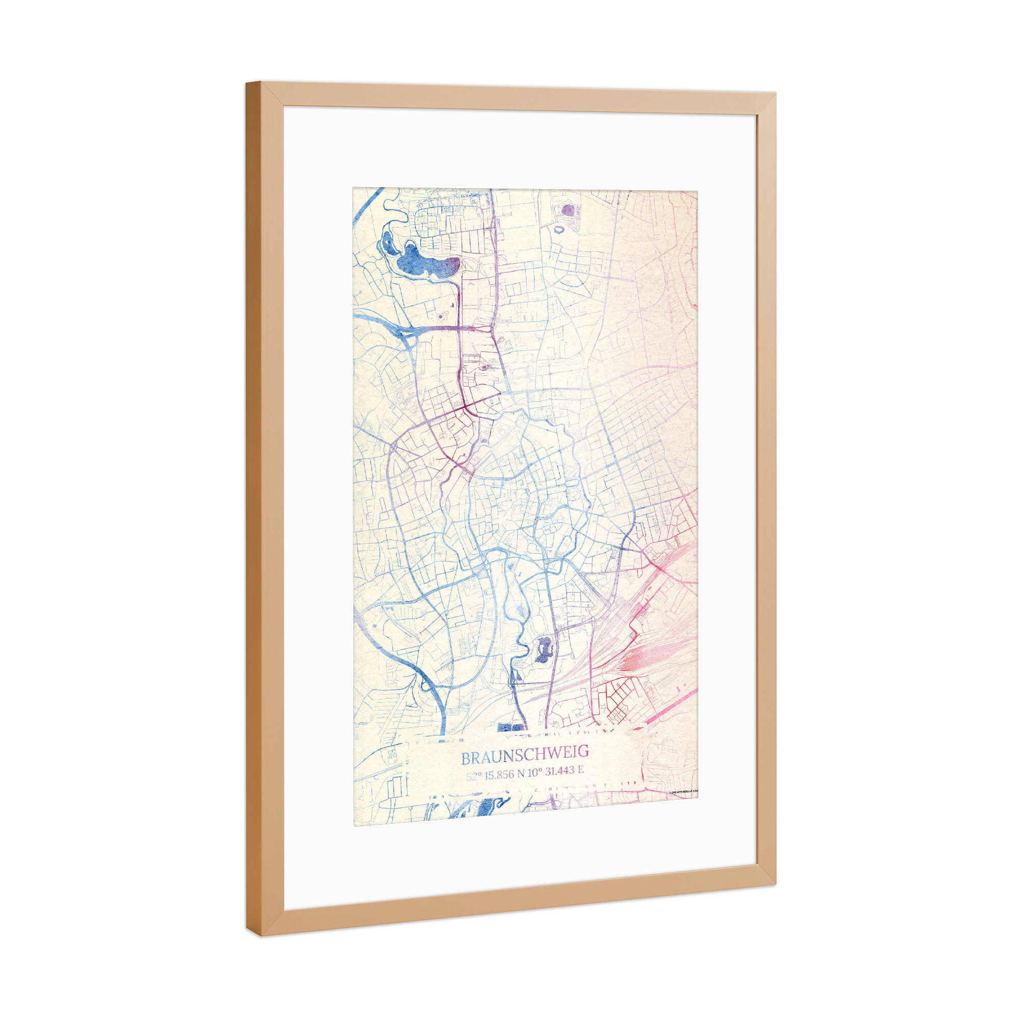 Poster mit Rahmen Kupfer "Braunschweig Deutschland Map Rose And Serenity I" artboxONE - Städte,Reise,Kartografie