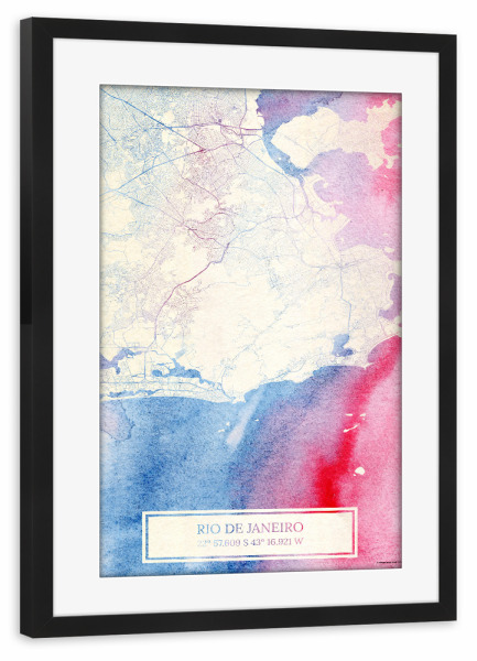 Poster mit Rahmen schwarz "Rio-de-Janeiro Brasilien Map Rose And Serenity I" artboxONE - Städte,Reise,Kartografie
