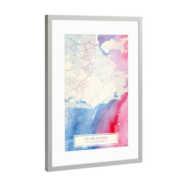 Poster mit Rahmen Silber "Rio-de-Janeiro Brasilien Map Rose And Serenity I" artboxONE - Städte,Reise,Kartografie