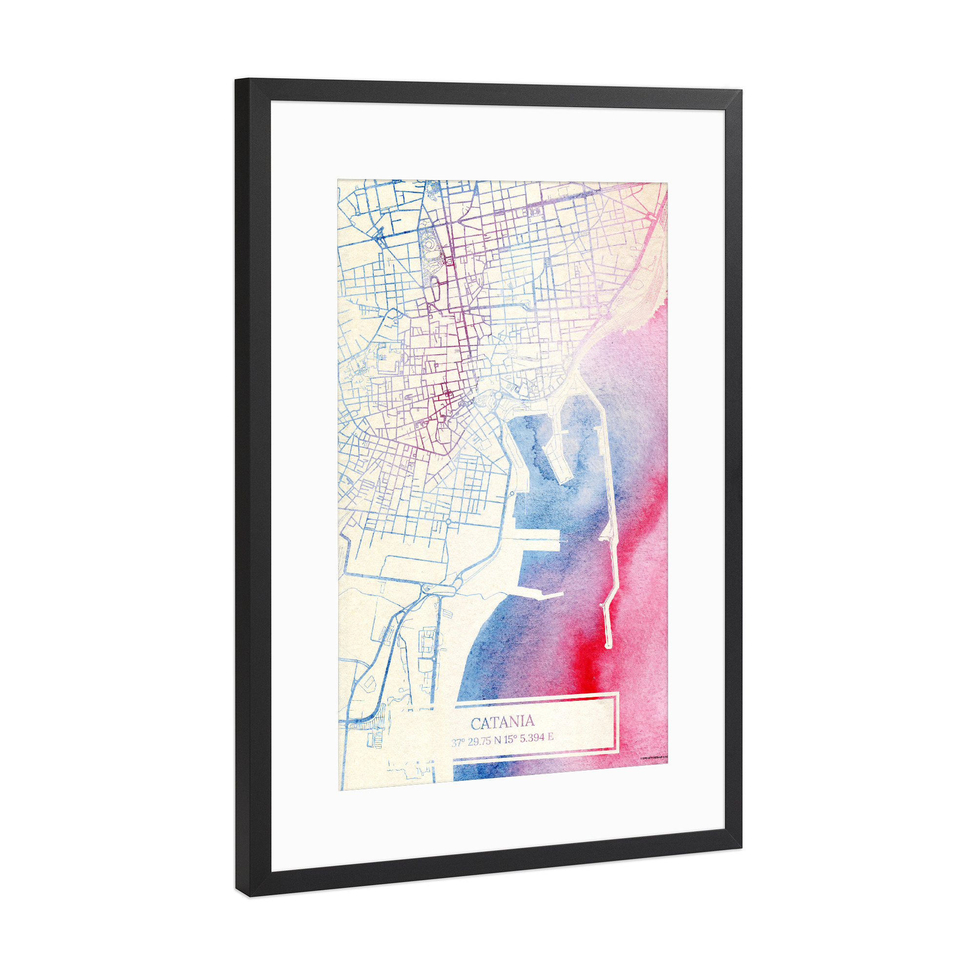 Poster mit Rahmen Schwarz (Metallic) "Catania Italien Map Rose And Serenity II" artboxONE - Städte,Reise,Kartografie
