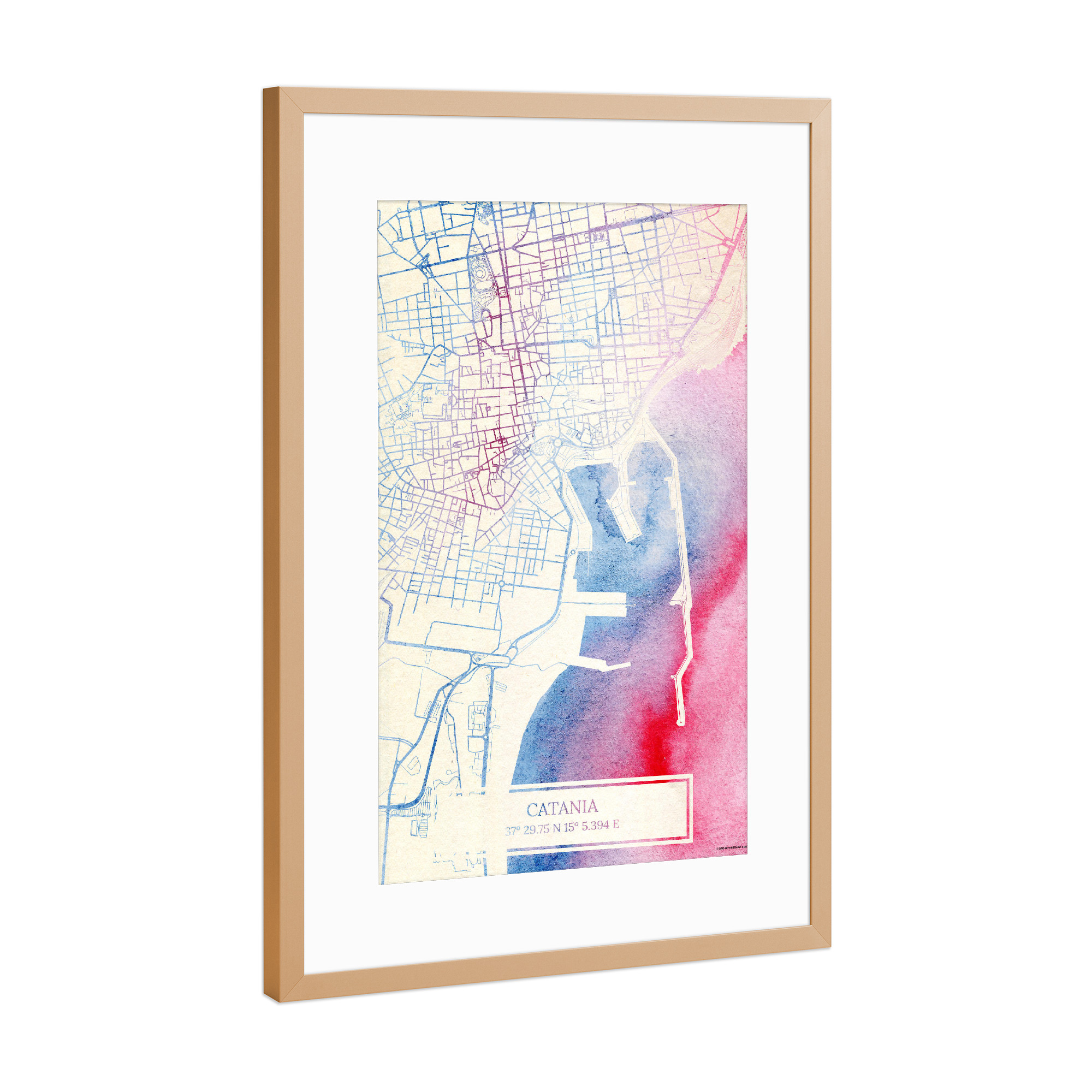 Poster mit Rahmen Kupfer "Catania Italien Map Rose And Serenity II" artboxONE - Städte,Reise,Kartografie - Städte,Stadtkarte,Wasserfarbe,Rosequartz
