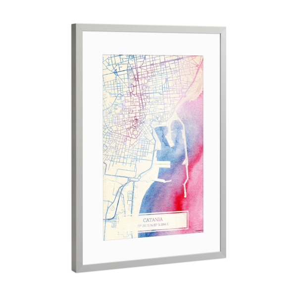 Poster mit Rahmen Silber "Catania Italien Map Rose And Serenity II" artboxONE - Städte,Reise,Kartografie - Städte,Stadtkarte,Wasserfarbe,Rosequartz