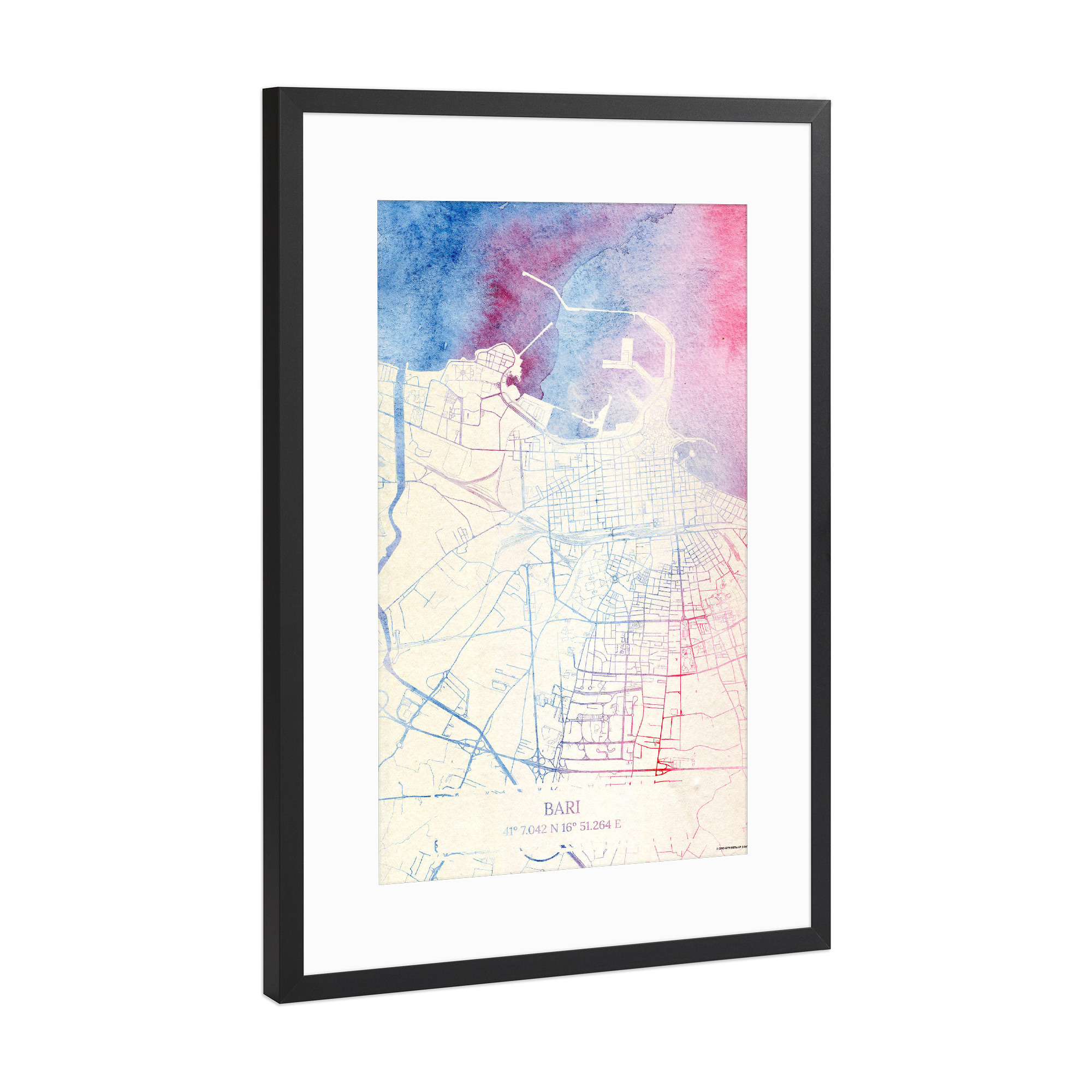Poster mit Rahmen Schwarz (Metallic) "Bari Italien Map Rose And Serenity II" artboxONE - Städte,Reise,Kartografie