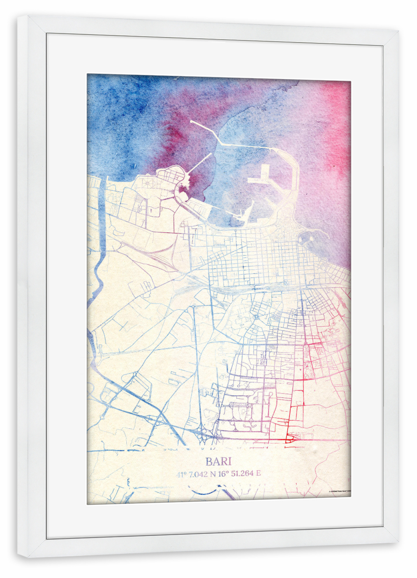 Poster mit Rahmen weiß "Bari Italien Map Rose And Serenity II" artboxONE - Städte,Reise,Kartografie - Städte,Stadtkarte,Wasserfarbe,Rosequartz