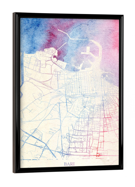 Poster mit schwarzem Rahmen "Bari Italien Map Rose And Serenity II" artboxONE - Städte,Reise,Kartografie - Städte,Stadtkarte,Wasserfarbe,Rosequartz