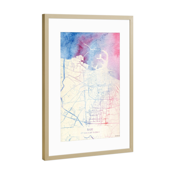 Poster mit Rahmen Gold "Bari Italien Map Rose And Serenity II" artboxONE - Städte,Reise,Kartografie - Städte,Stadtkarte,Wasserfarbe,Rosequartz