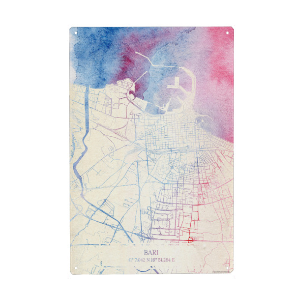 Holzbild "Bari Italien Map Rose And Serenity II" artboxONE - Städte,Reise,Kartografie - Städte,Stadtkarte,Wasserfarbe,Rosequartz