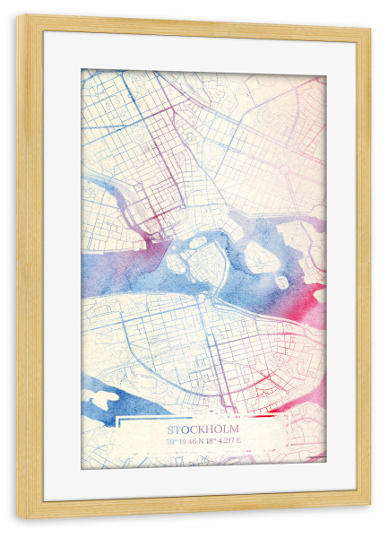 Poster mit Rahmen kiefer "Stockholm Schweden Map Rose And Serenity II" artboxONE - Städte,Reise,Kartografie - Städte,Stadtkarte,Wasserfarbe,Rosequartz
