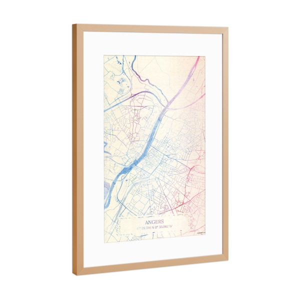 Poster mit Rahmen Kupfer "Angers Frankreich Map Rose And Serenity I" artboxONE - Städte,Reise,Kartografie - Städte,Stadtkarte,Wasserfarbe,Rosequartz