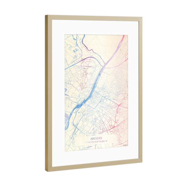 Poster mit Rahmen Gold "Angers Frankreich Map Rose And Serenity I" artboxONE - Städte,Reise,Kartografie - Städte,Stadtkarte,Wasserfarbe,Rosequartz