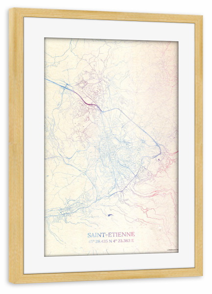 Poster mit Rahmen kiefer "Saint-Étienne Frankreich Map Rose And Serenity I" artboxONE - Städte,Reise,Kartografie
